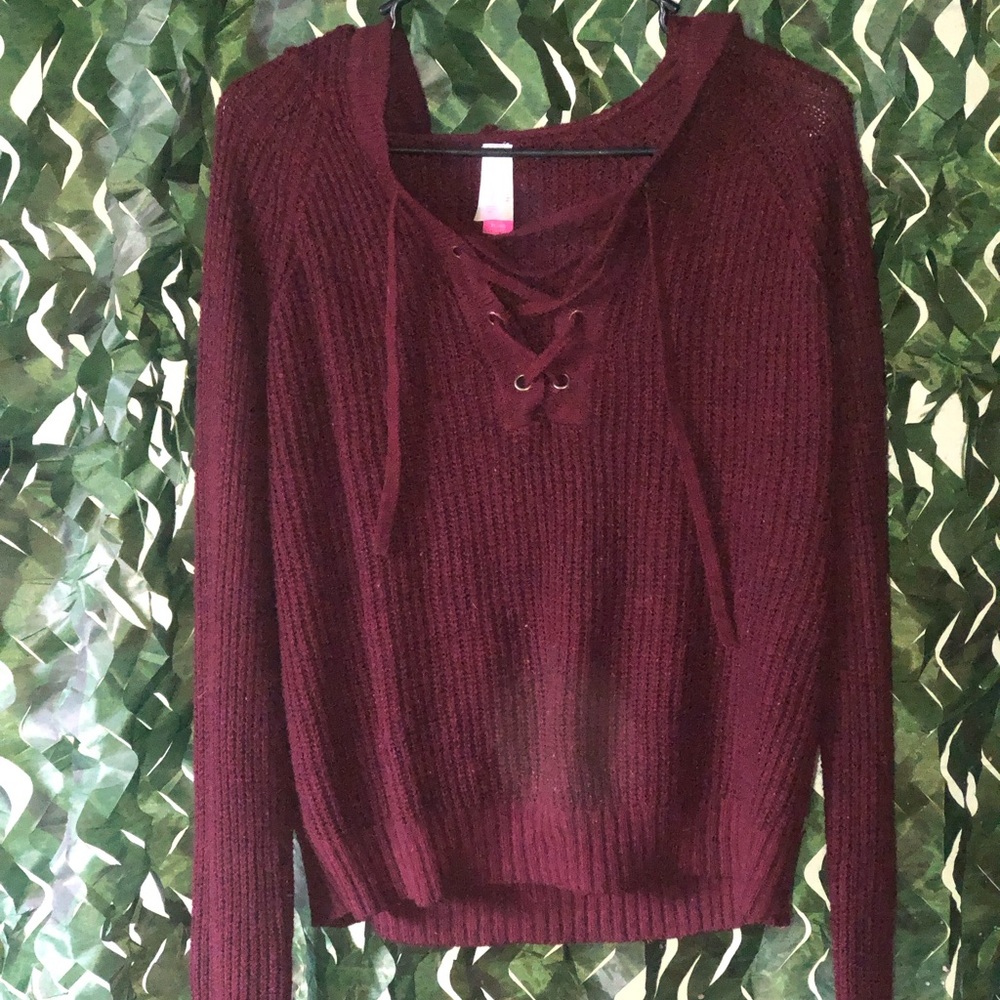 Burgundy Lace-Up Sweater